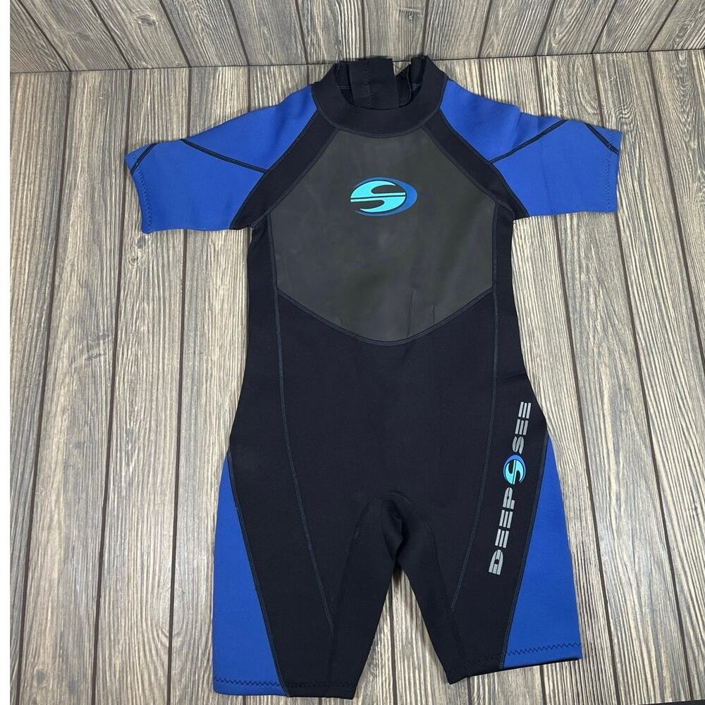 Deep‎ See Wetsuit Youth Kid XXL Black Blue Surf Dive Swim Ocean Short Sleeve